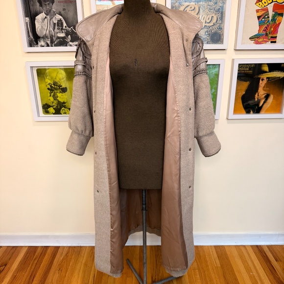 Vintage 80s Statement Taupe Wool & Leather Maxi Coat w/ Ornate Braided Trim - Picture 11 of 16